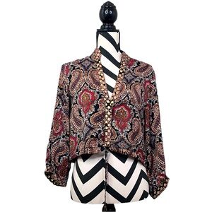 Bohemian Ecletic Paisley Print Gold Sz S Cropped Blouse